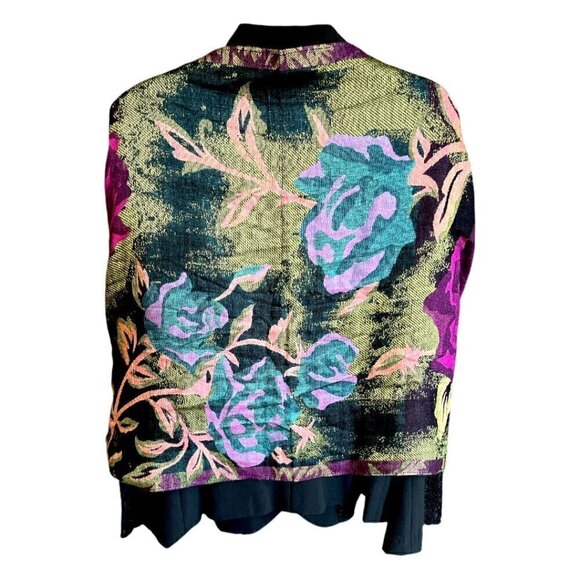 Large Black & Vibrant Jewel Toned Wrap Scarf Floral Patterned with Fringe - Picture 3 of 10